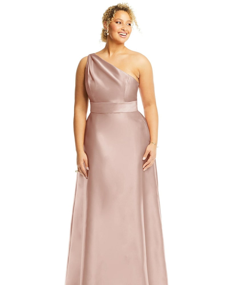 Front of a model wearing a size 18W Draped One-Shoulder Satin Maxi Dress with Pockets in Toasted Sugar by Alfred Sung. | dia_product_style_image_id:267144